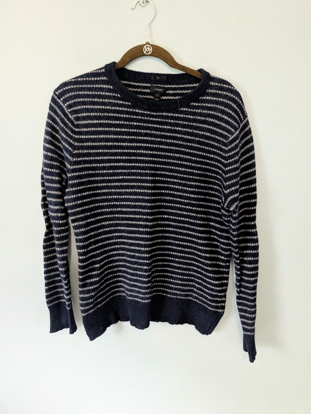 J. Crew Slim Wool Blend Knitted Navy & Grey Striped Crewneck Sweater Size Large